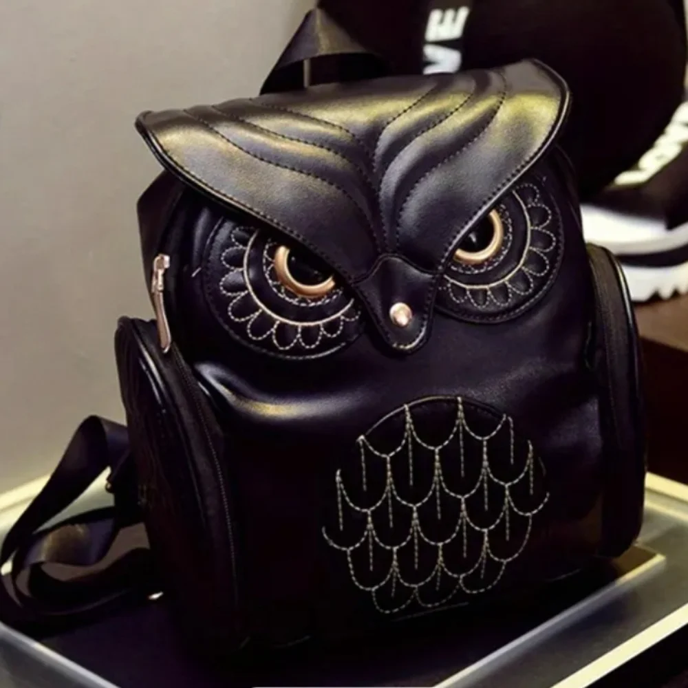 Black Owl-Design Faux Leather Unisex Backpack
